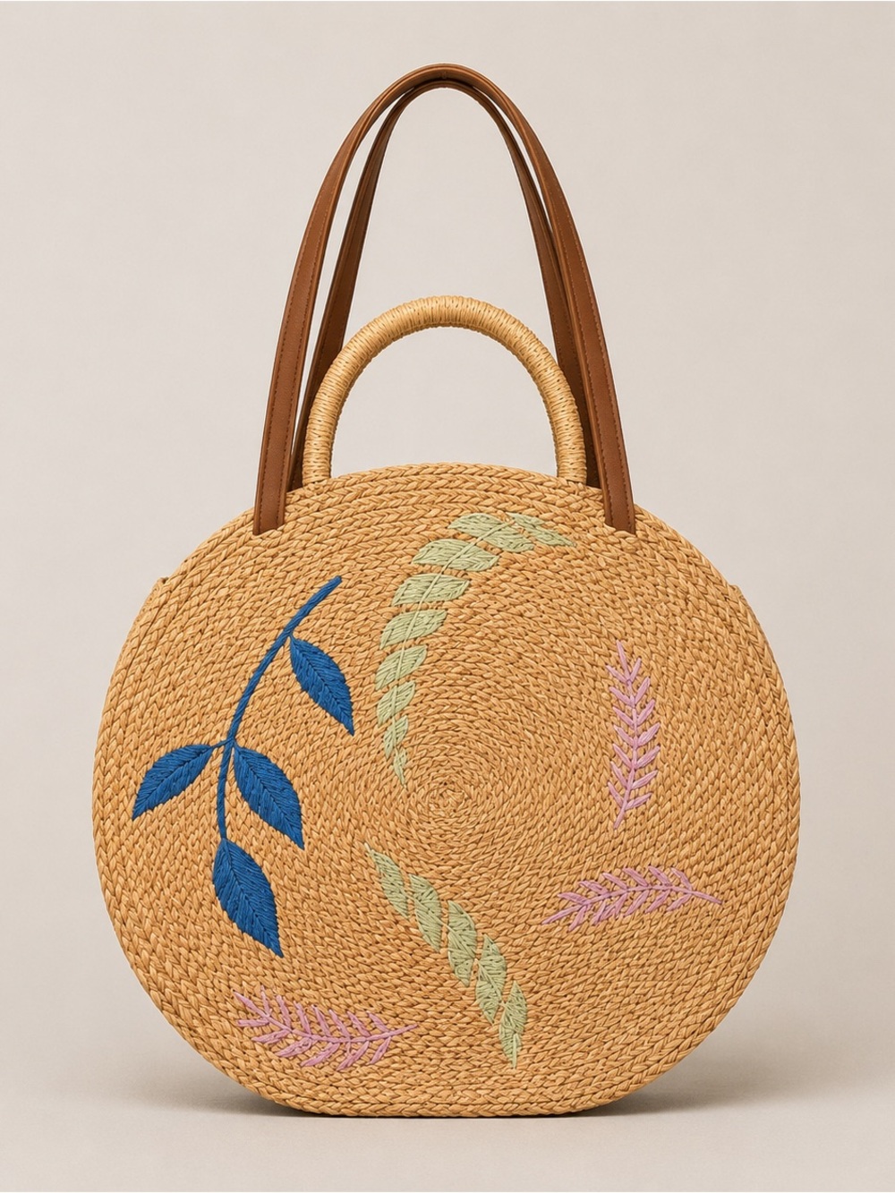 The Botanical Circle Tote | Woven Straw Handbag with Leather Handles